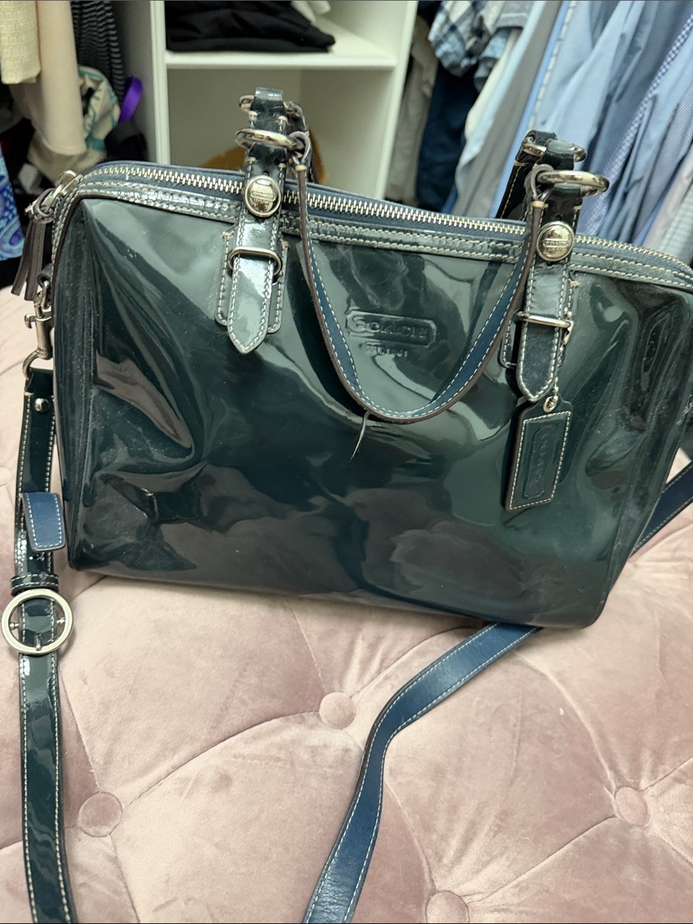 Coach Glazed Patent Satchel in Deep Teal